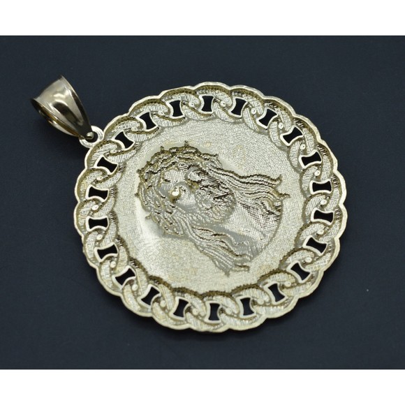 Real 10K Yellow Gold Jesus Head Curb Chain Frame Medallion Pendant 49.4mm 13.1gr - Picture 3 of 7